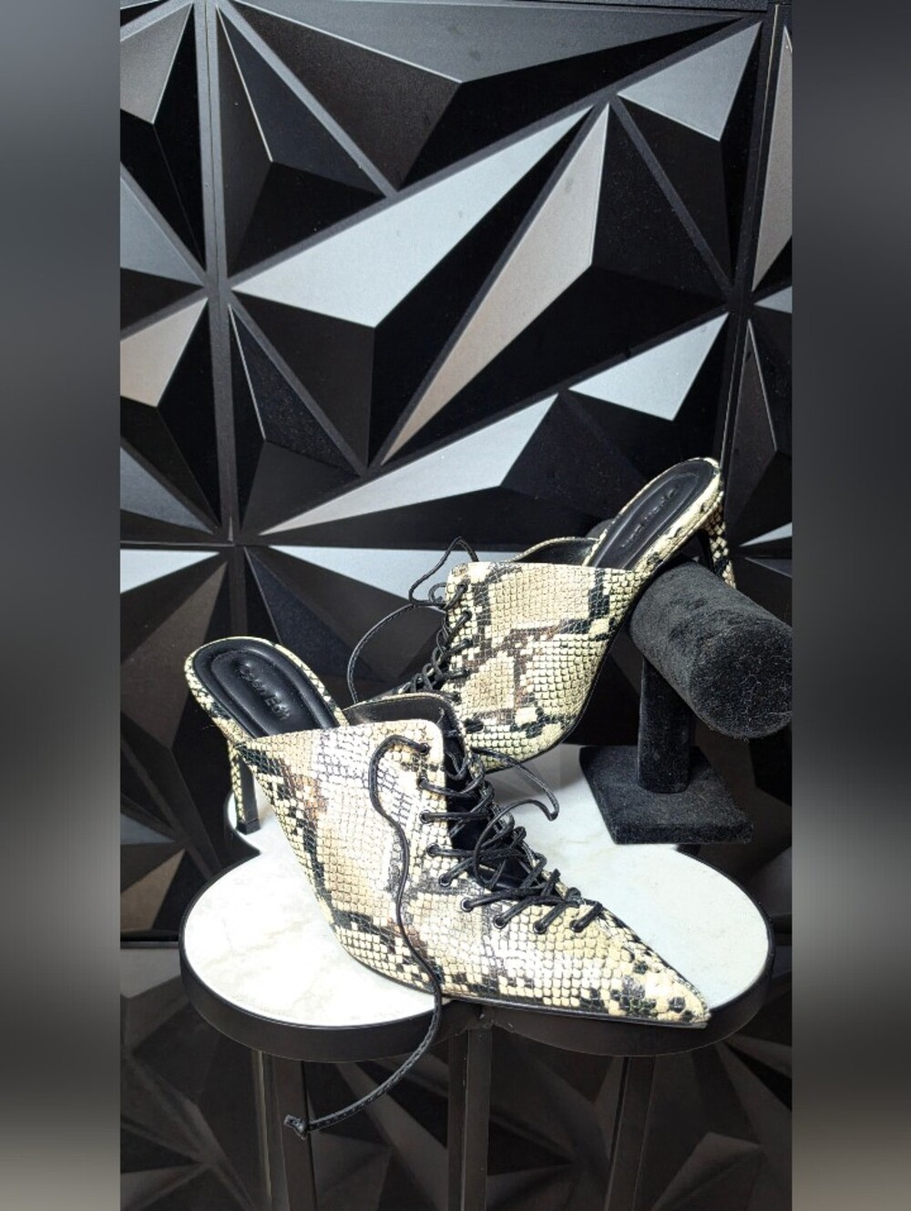 Snake-Print Lace-Up Mules in Neutral Snake